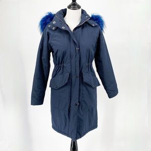 Whistles Sherpa Lined Hooded Navy Blue Parka Winter Coat Faux Fur Trim XS